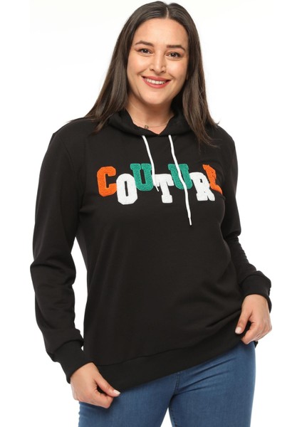 Kadın Büyük Beden Couture Yazılı Siyah Sweatshirt