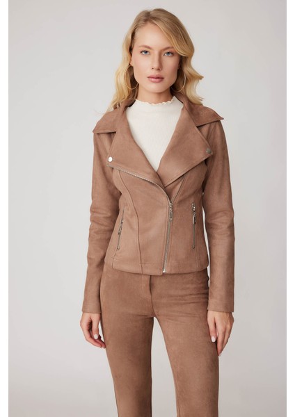 Kelebek Yaka Suni Süet Biker Ceket