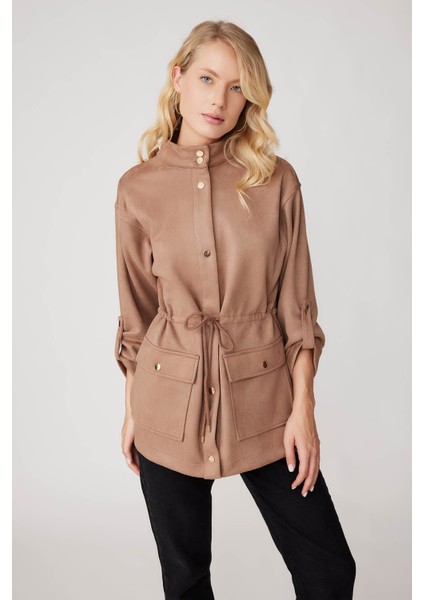 Yakalı Beli Büzgülü Kol Detaylı Süet Ceket