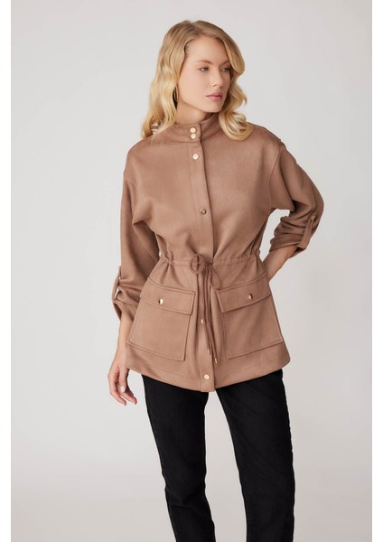 Yakalı Beli Büzgülü Kol Detaylı Süet Ceket modelleri