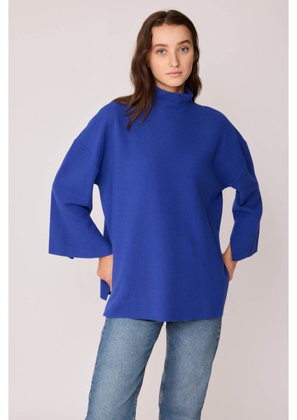 Düşük Kol Yakalı Yanlar Yırtmaçlı Örme Oversize Bluz