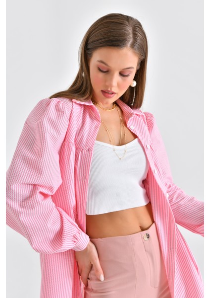 Pembe Çizgili Bürümcük Kumaş Verev Roba ve Büzgü Detaylı modelleri
