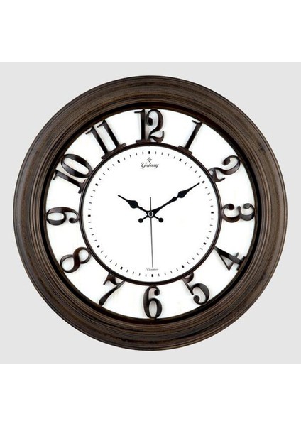 Duvar Saati Kahverengi Ahşap Görünüm Içi Beyaz 46CM Kabartma Rakam Metal Akrep Yelkovan