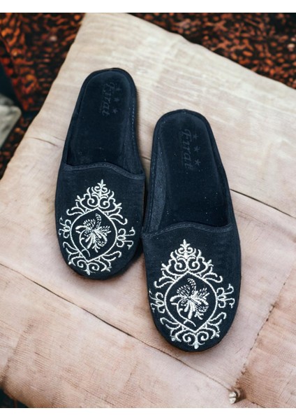 Siyah Kadın Ortopedik Nakış Osmanlı Motif Desenli Yıkanabilir Kışlık Ev Misafir Çeyiz Bohça Terliği