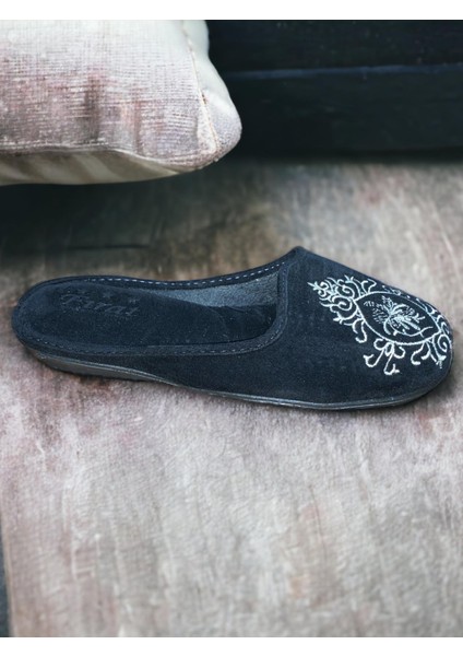 Siyah Kadın Ortopedik Nakış Osmanlı Motif Desenli Yıkanabilir Kışlık Ev Misafir Çeyiz Bohça Terliği modelleri