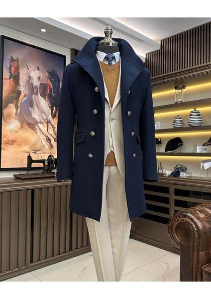 Italyan Stil Slim Fit Hakim Yaka Kaşe Kaban Lacivert T9941
