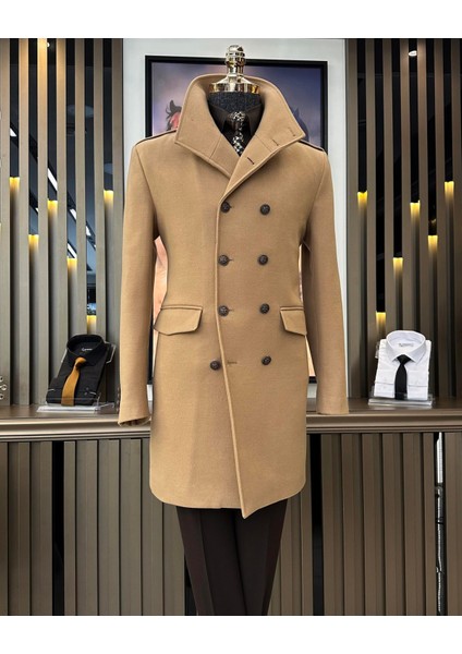 Italyan Stil Slim Fit Hakim Yaka Kaşe Kaban Camel T9943