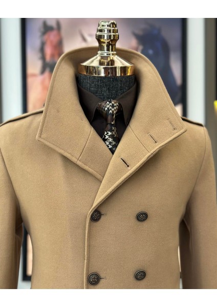 Italyan Stil Slim Fit Hakim Yaka Kaşe Kaban Camel T9943