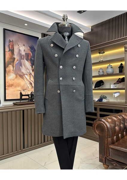 Italyan Stil Slim Fit Kruvaze Kaşe Kaban Antrasit T10016