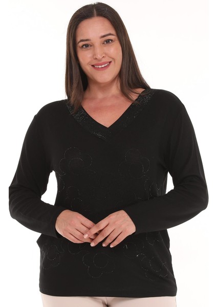 Kadın Büyük Beden Çiçek Desen Taş Baskılı Siyah Bluz