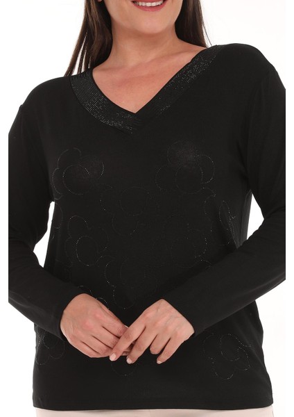 Kadın Büyük Beden Çiçek Desen Taş Baskılı Siyah Bluz fiyatları