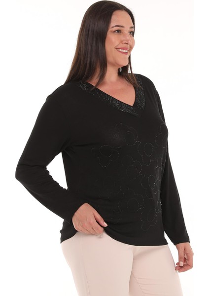 Kadın Büyük Beden Çiçek Desen Taş Baskılı Siyah Bluz fırsatları