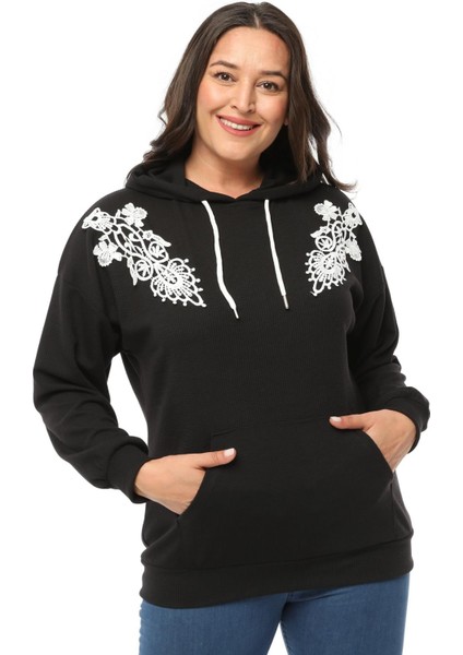 Kadın Büyük Beden Fitilli Örme Dantel Detaylı Siyah Sweatshirt