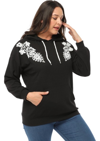 Kadın Büyük Beden Fitilli Örme Dantel Detaylı Siyah Sweatshirt