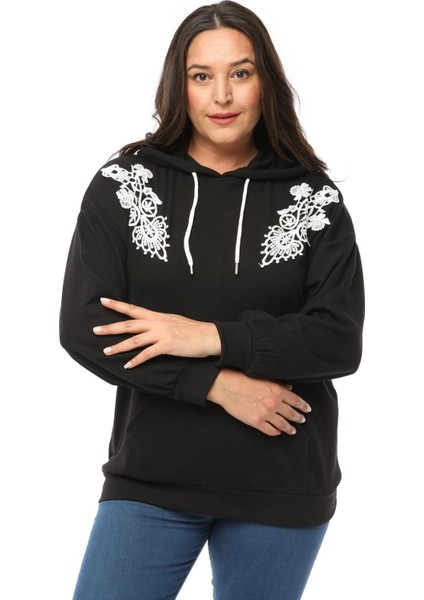 Kadın Büyük Beden Fitilli Örme Dantel Detaylı Siyah Sweatshirt