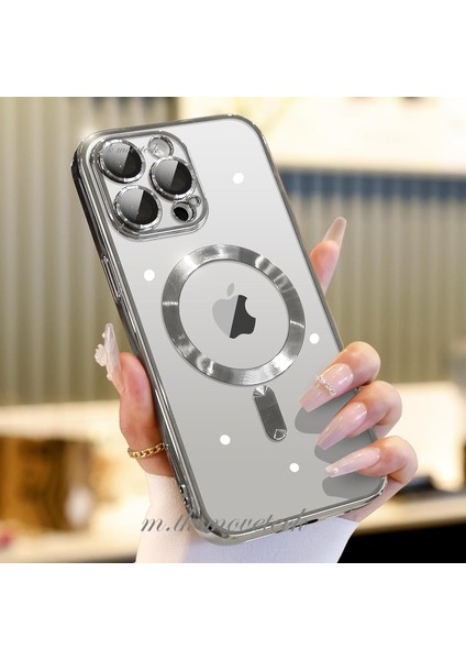 Apple iPhone 15 Pro Kılıf Magsafe Wireless Şarj Destekli Parlak Titanium Renkli Kenarlı Arkası Şeffaf Case