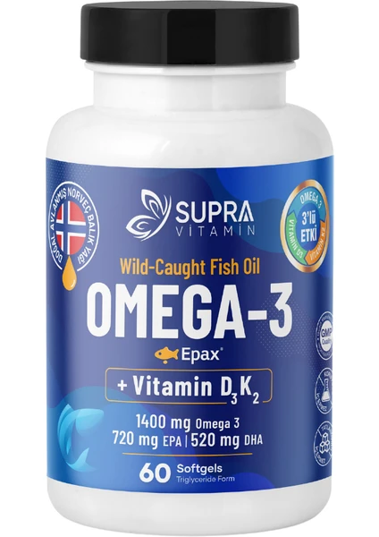 Vitamin Klinik Onaylı Epax® Omeg-3 Balık Yağı, 2.000 Mg Fish Oil + Vitamin D3 & K2, 60 Kapsül