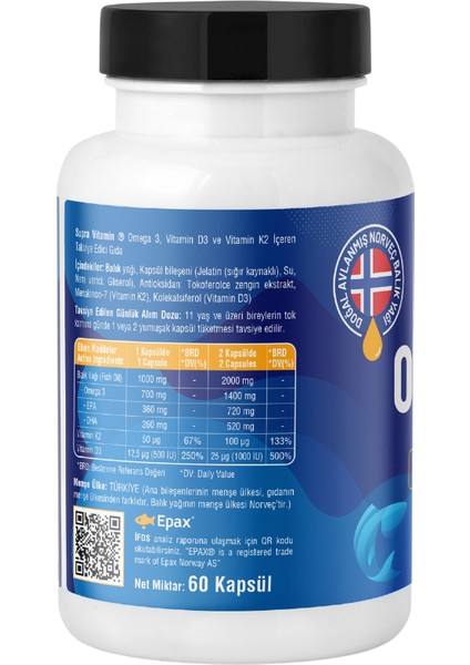 Vitamin Klinik Onaylı Epax® Omeg-3 Balık Yağı, 2.000 Mg Fish Oil + Vitamin D3 & K2, 60 Kapsül