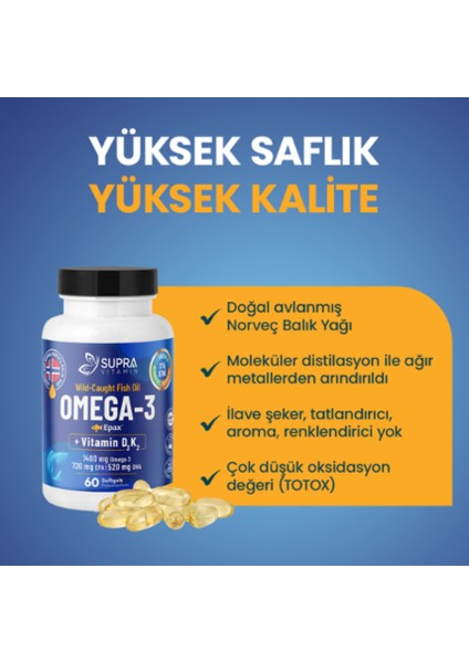 Vitamin Klinik Onaylı Epax® Omeg-3 Balık Yağı, 2.000 Mg Fish Oil + Vitamin D3 & K2, 60 Kapsül