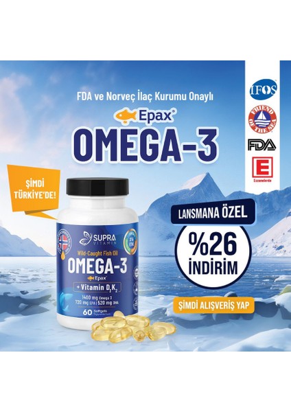 Vitamin Klinik Onaylı Epax® Omeg-3 Balık Yağı, 2.000 Mg Fish Oil + Vitamin D3 & K2, 60 Kapsül