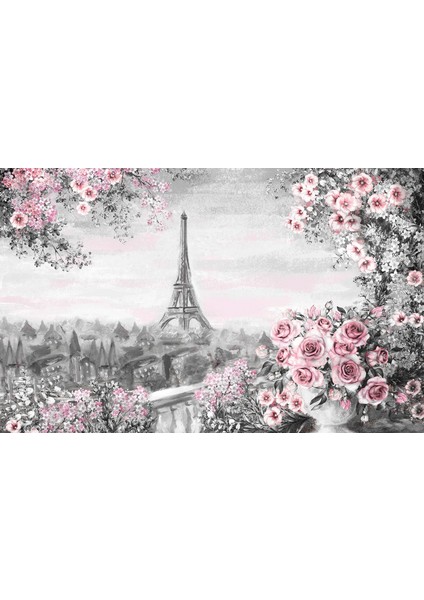 Eyfel Kulesi ve Pembe Güller Duvar Kağıdı, Gül Desenli Paris Duvar Resmi