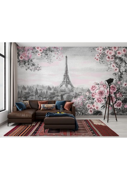Eyfel Kulesi ve Pembe Güller Duvar Kağıdı, Gül Desenli Paris Duvar Resmi