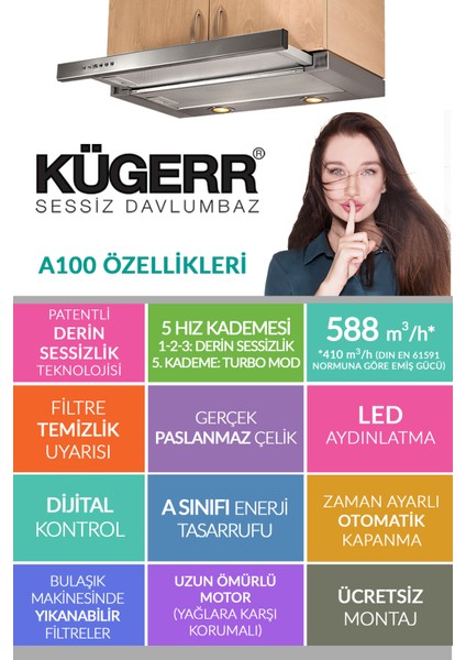 A100 'Dünyanın En Sessiz Aspiratörü'  60cm Sürgülü Aspiratör