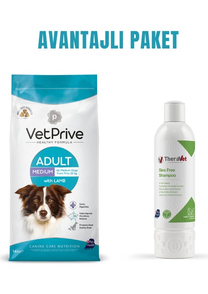 Vet Prive Orta ve Iri Irk Yetişkin Köpek Maması Kuzu Etli 14 kg + Theravet Kedi ve Köpek Şampuanı 200 ml Avantaj Paketi