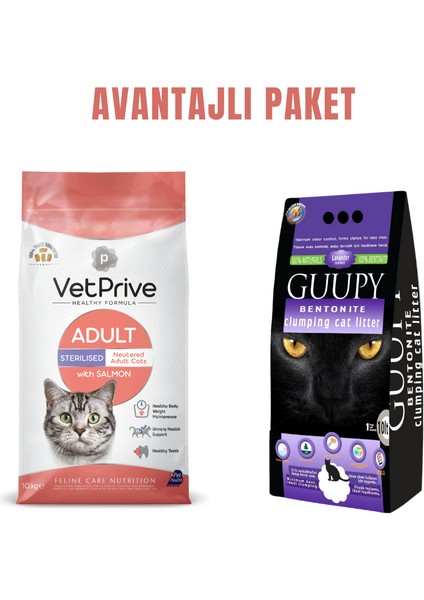 Vet Prive Kısırlaştırılmış Kedi Maması Somonlu 10 kg + Guupy 10 Lt Kedi Kumu Avantaj Paketi