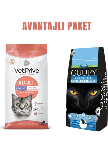 Vet Prive Kısırlaştırılmış Kedi Maması Somonlu 1,5 kg + Guupy 5 Lt Kedi Kumu Avantaj Paketi