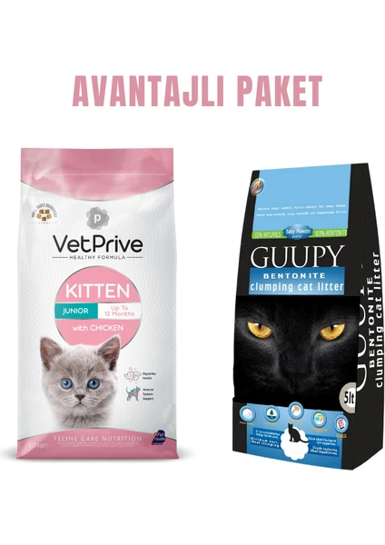 Vet Prive Yavru Kedi Maması Tavuklu 1,5 kg + Guupy 5 Lt Kedi Kumu Avantaj Paketi