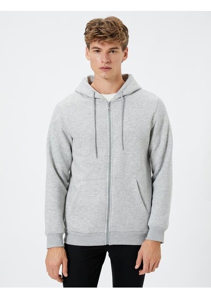 Fermuarlı Kapşonlu Sweatshirt Şardonlu Cep Detaylı