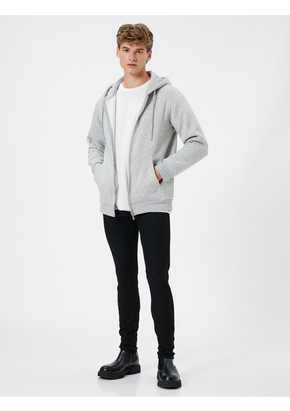Fermuarlı Kapşonlu Sweatshirt Şardonlu Cep Detaylı
