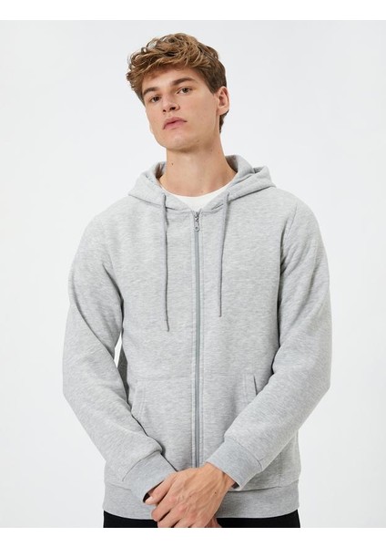 Fermuarlı Kapşonlu Sweatshirt Şardonlu Cep Detaylı