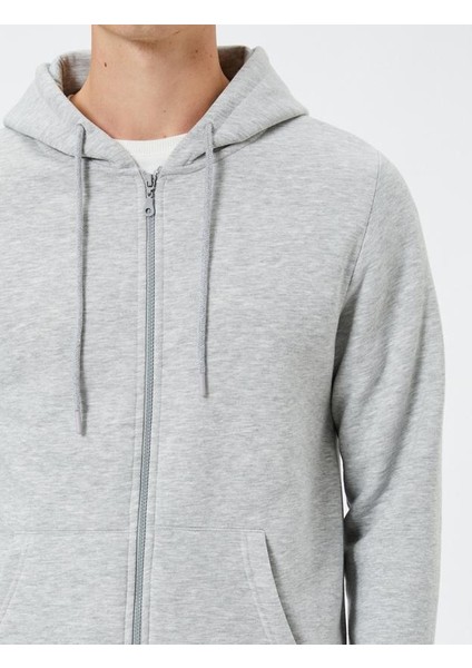 Fermuarlı Kapşonlu Sweatshirt Şardonlu Cep Detaylı