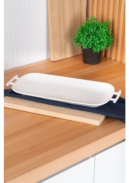 Bianco Perla Porselen Kulplu Servis Tabağı Dikdörtgen Beyaz 42 cm - SCT-05384