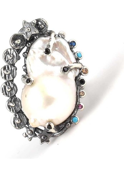 925 Ayar Gümüş Doğal Incili Kenarı Karışık Renk Taşlı Yüzük fırsatları