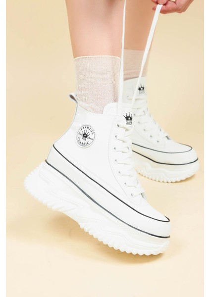 Guja Kalın Taban Fermuarlı Sneakers Beyaz