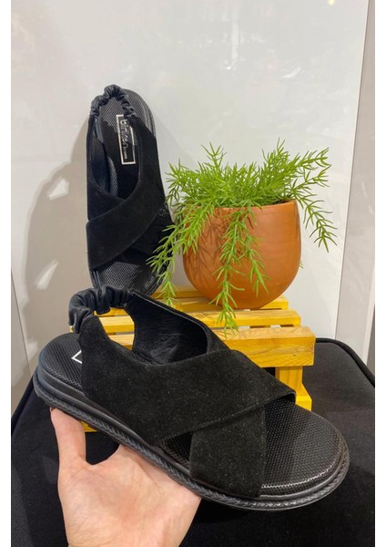 Hakiki Süet Çapraz Sandalet SİYAH