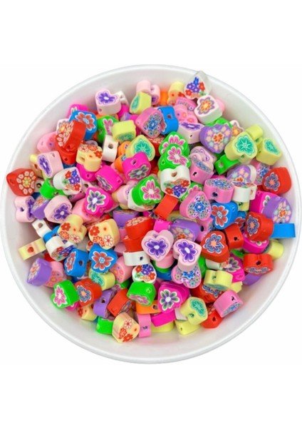 25 Adet 10MM Polimer Kil Fimo Karışık Renkli Içi Çiçekli Kalp Model Boncuk,takı Yapımı