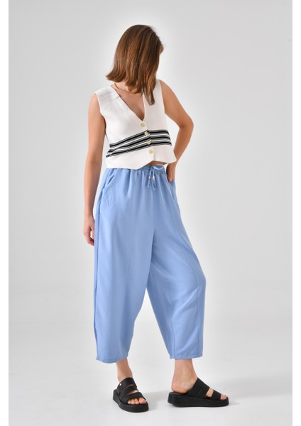 Mavi Beli Lastikli Cepli Şalvar Pantolon modelleri