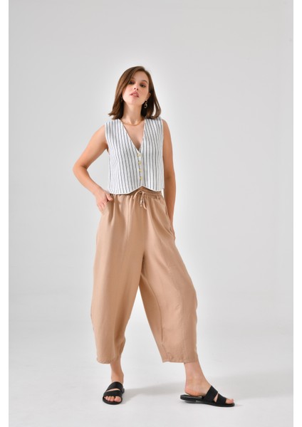 Vizon Beli Lastikli Cepli Şalvar Pantolon