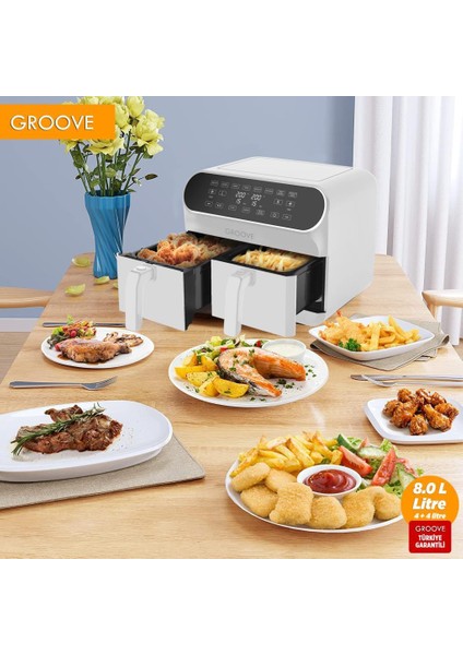 Max Plus Xxl 1800W (4lt+4lt) 8lt Çift Hazneli Smart Airfryer Air Fryer Yağsız Sıcak Hava Fritözü Beyaz