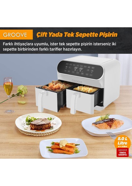 Max Plus Xxl 1800W (4lt+4lt) 8lt Çift Hazneli Smart Airfryer Air Fryer Yağsız Sıcak Hava Fritözü Beyaz