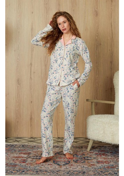 Kadın Ekru Pembe Çiçek Desenli Gömlek Pijama Takımı 4234
