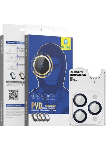 iphone 15 Pro Max Pvd Stainless Steel Su ve Toz Geçirmez Lens Koruyucu Mavi