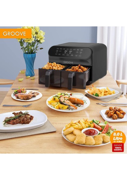 Max Plus Xxl 1800W (4lt+4lt) 8lt Çift Hazneli Smart Airfryer Air Fryer Yağsız Sıcak Hava Fritözü Siyah