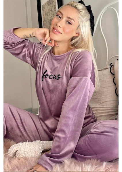 Lila Focus Desenli Exclusive Kadife Kadın Pijama Takımı