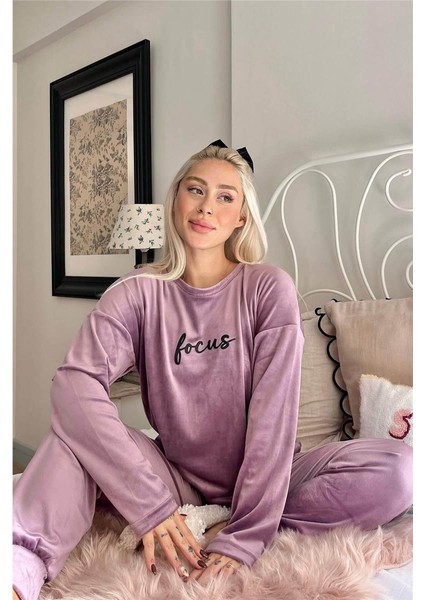 Lila Focus Desenli Exclusive Kadife Kadın Pijama Takımı