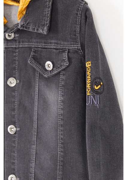 Füme Yazı Nakışlı Kapüşonlu Erkek Çocuk Jean Ceket 16812 modelleri